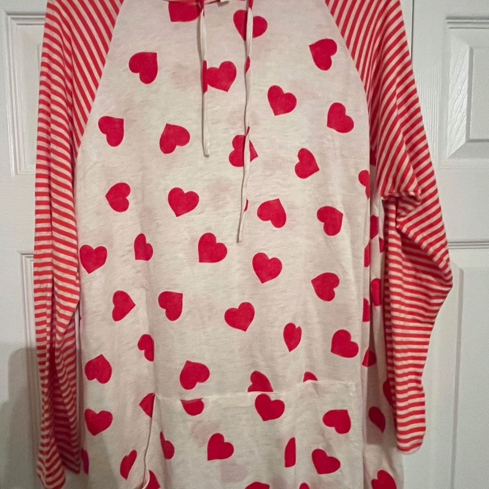 Heart Print Hoodie with Striped Sleeves